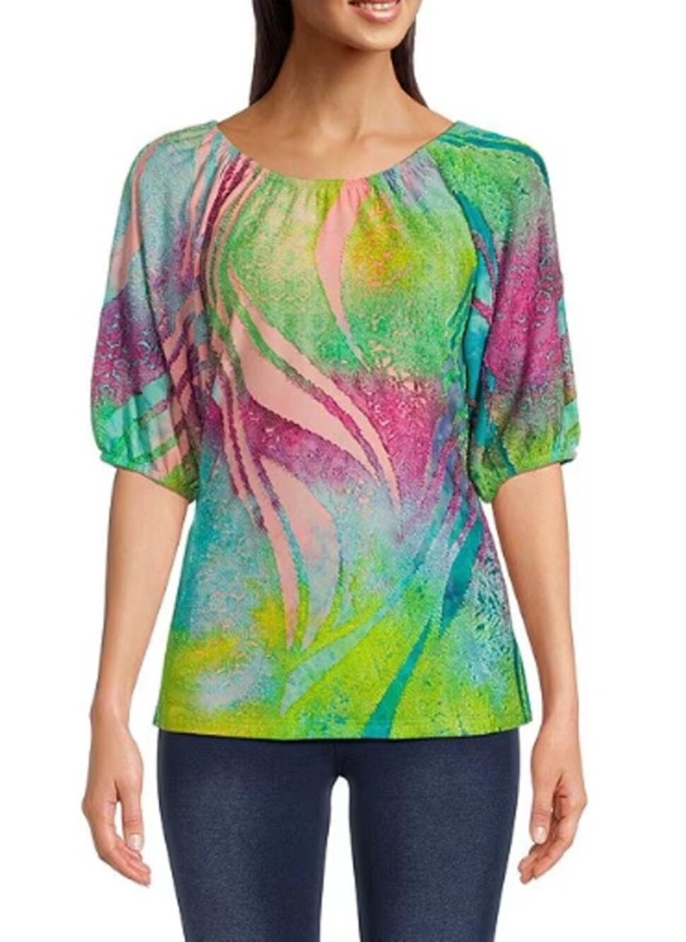 New Calessa Jacquard Burnout Tie Dye Scoop Neck Tunic Shirt Womens Size Small